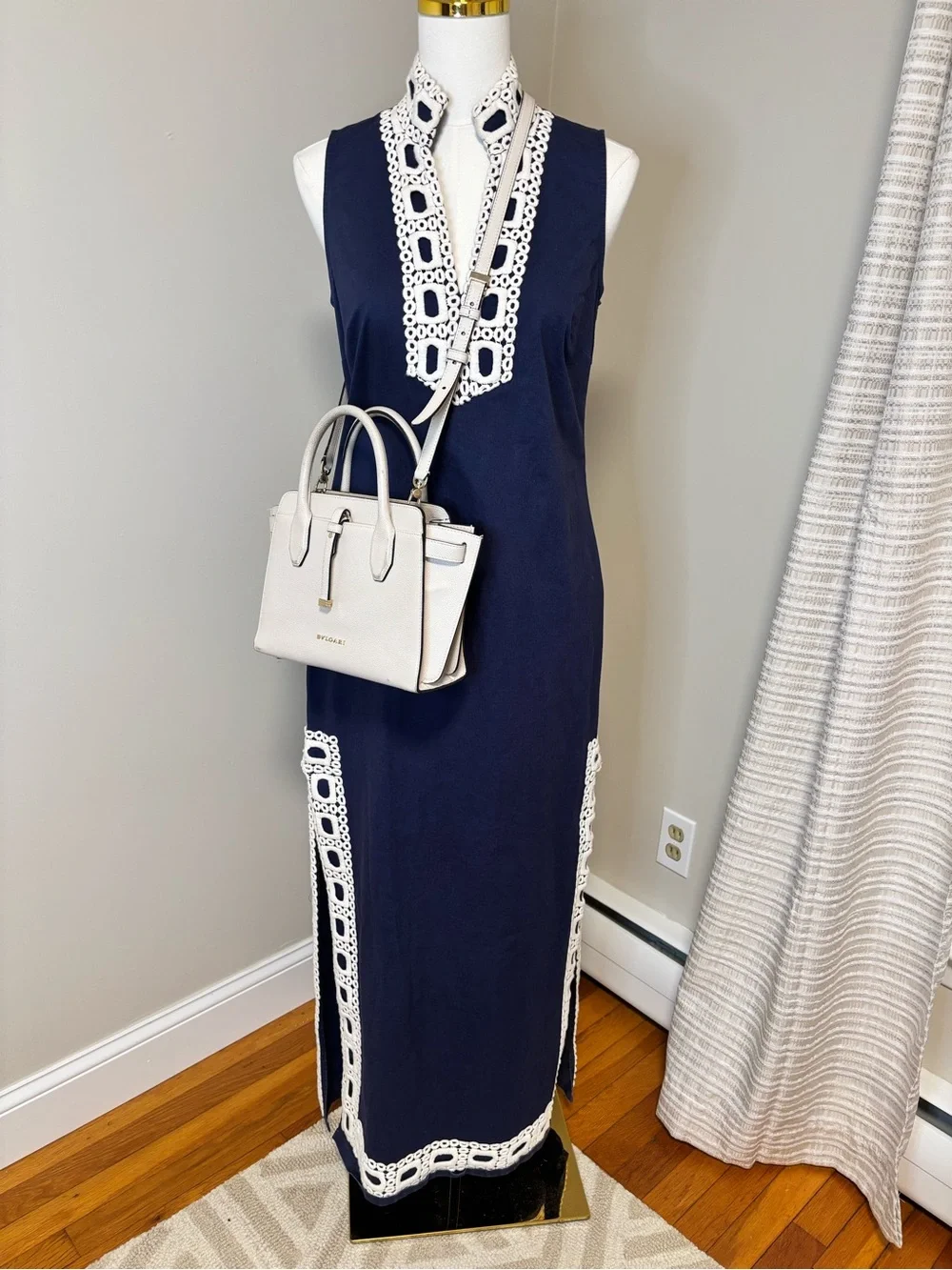 Sail to Sable Navy Maxi Dress White Crochet Trim Sleeveless Resort Dress Small - Picture 6 of 9